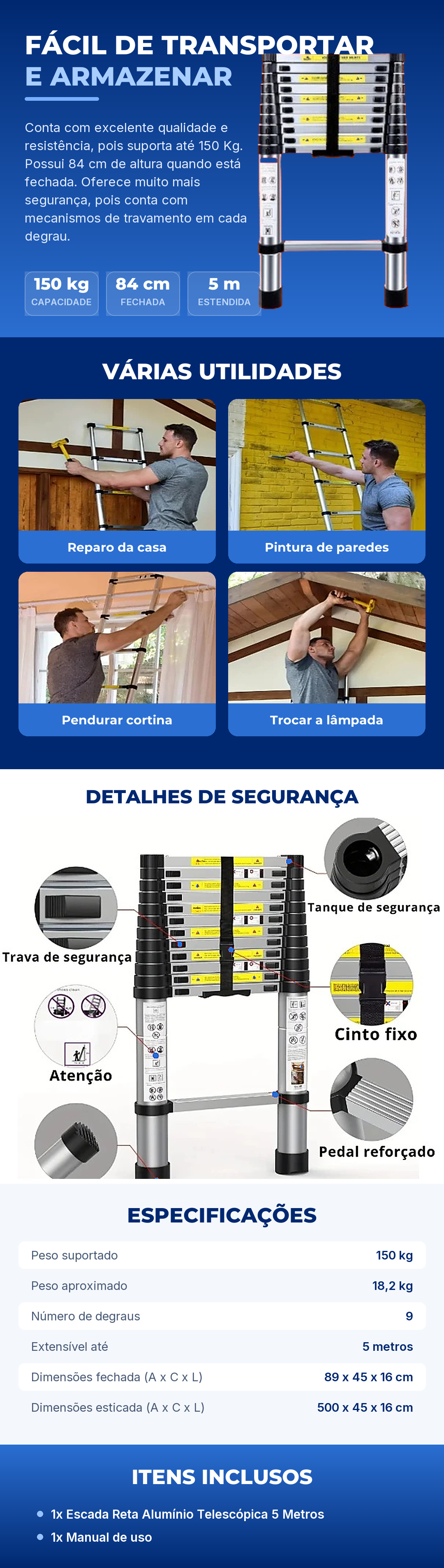 Escada telescópica: fácil de transportar e armazenar, várias utilidades, travas de segurança, especificações e itens inclusos