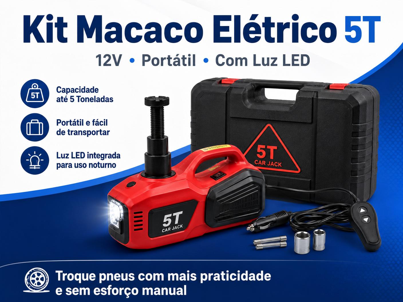 Kit Macaco Elétrico Carro 5T 12V — Caixa de Ferramentas Portátil com Luz LED