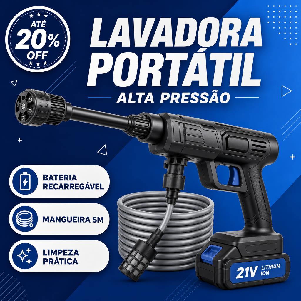 Lavadora Portátil de Alta Pressão com Mangueira de 5m + Bateria Recarregável