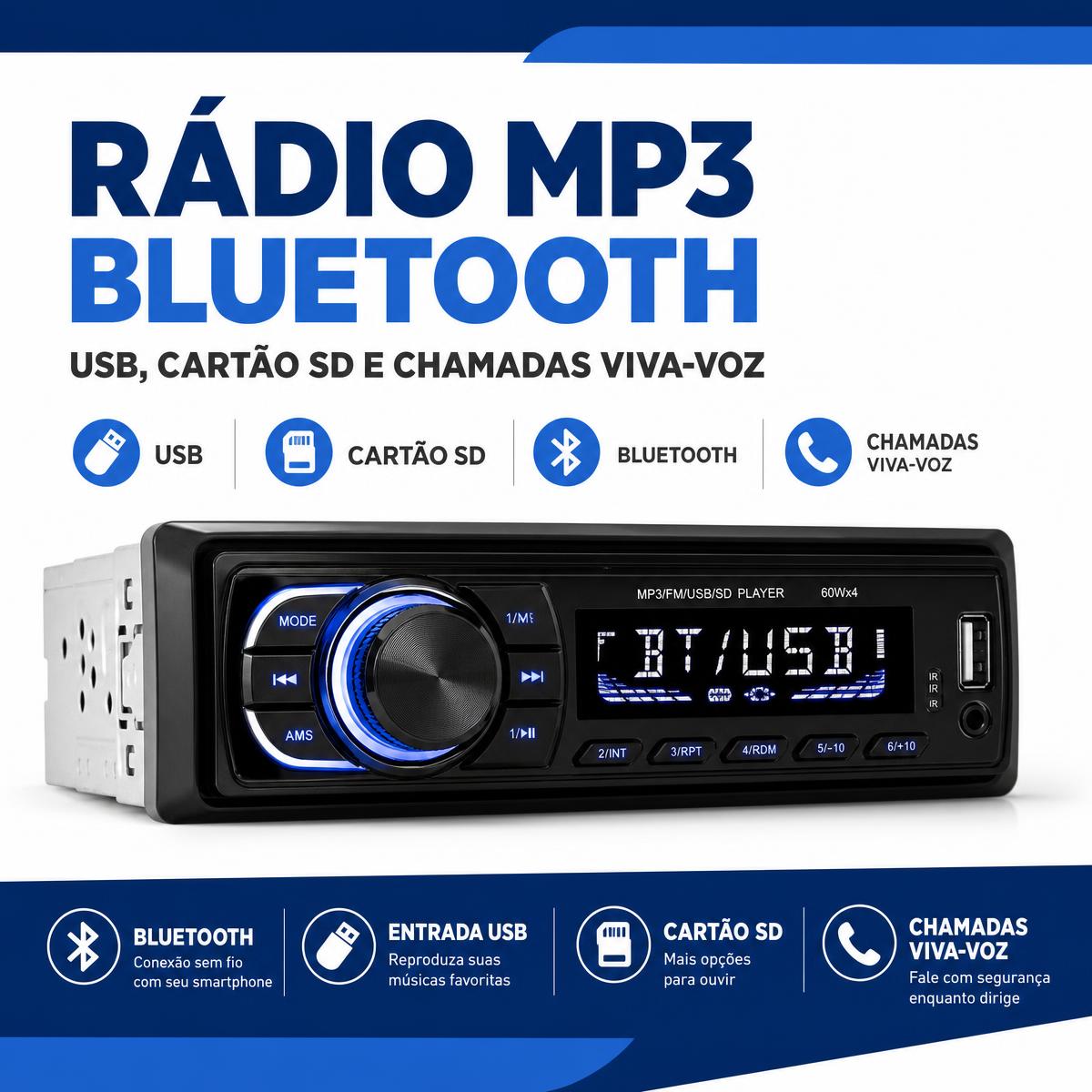 Rádio Automotivo MP3 Player 1 DIN com Bluetooth, USB e Cartão SD